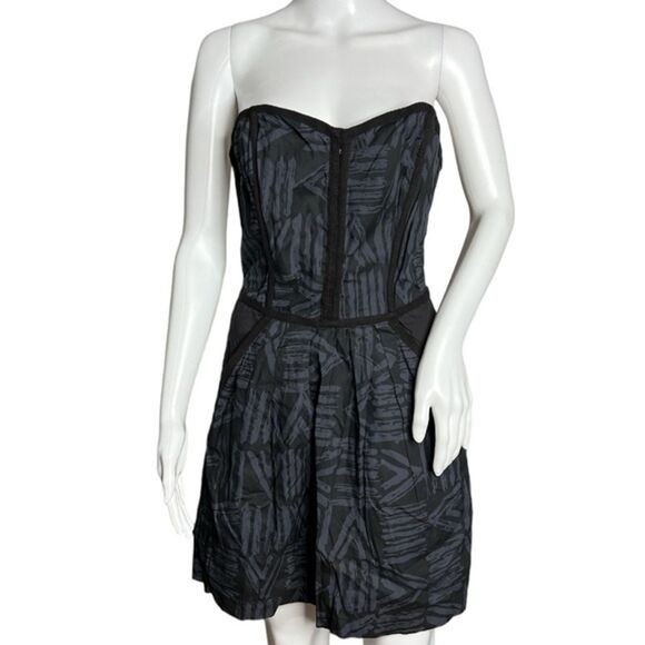 Ecote Dress Women Large Blue Black Geometric Print Strapless Mini Neutral Casual - Picture 1 of 6